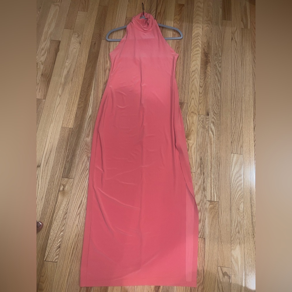 Norma Kamali Halter Turtle Side Slit Gown - Coral
